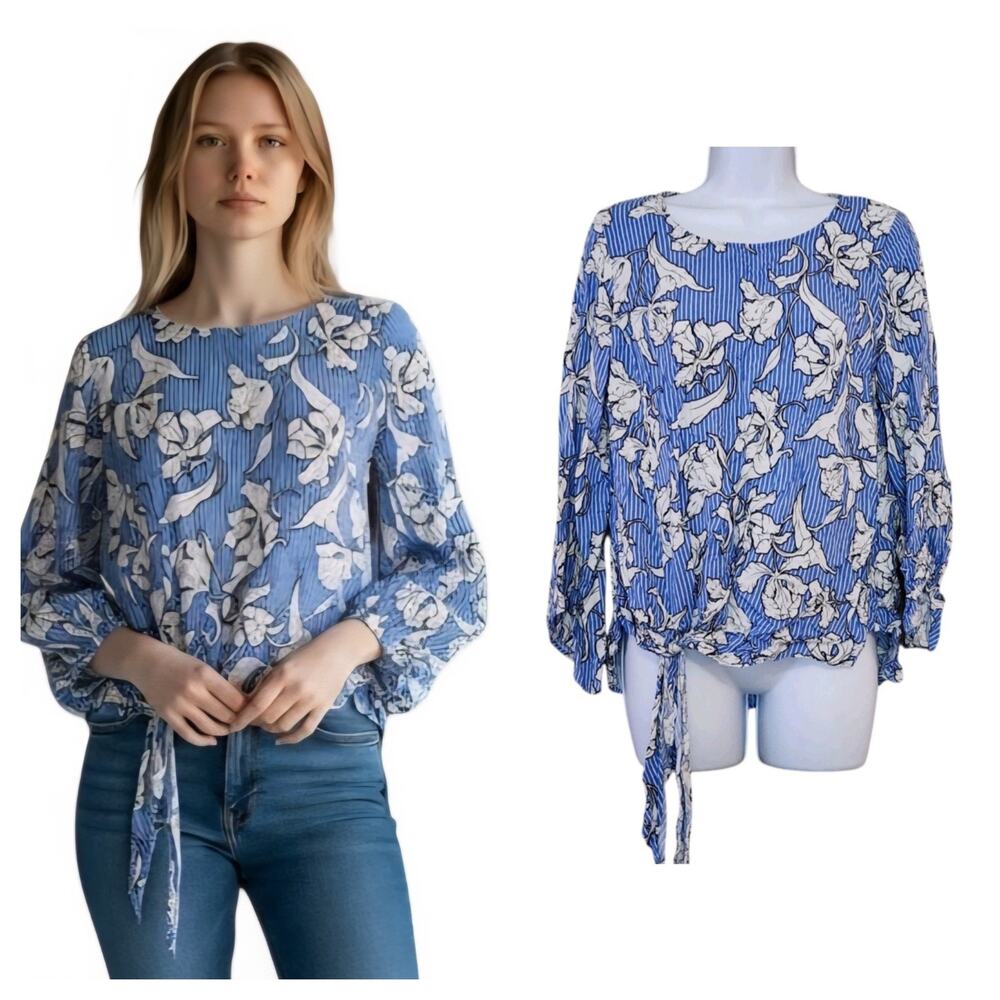 Apt 9 Womens Blouse Size L Blue White Floral Tie Front 3/4 Sleeve Keyhole Top
